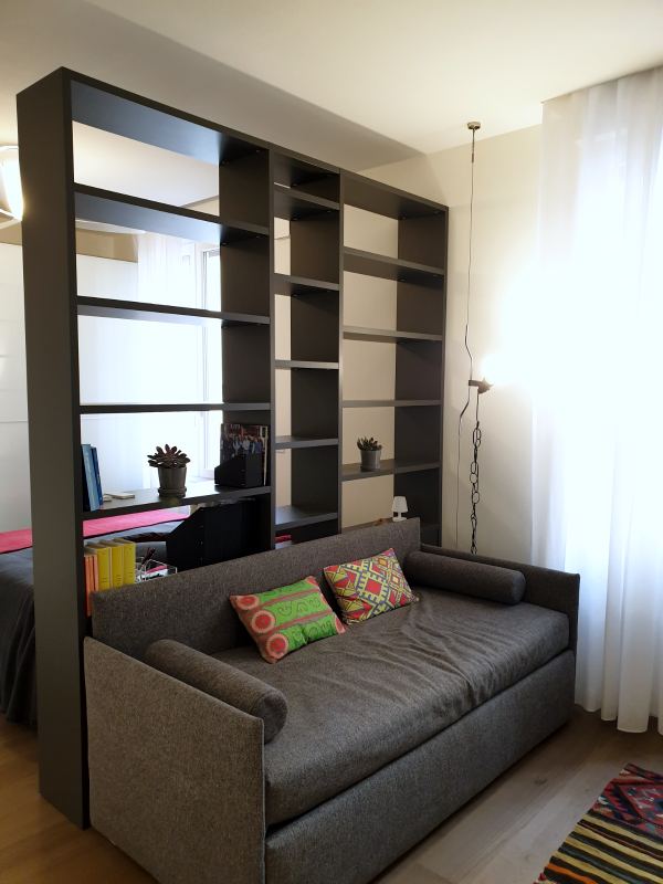Grey sofa bed in front of the open bookcase that screens the sleeping area, with the window on the right